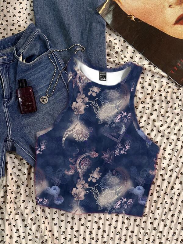 SHEIN EZwear 休闲简约复古波西米亚风图案修身圆领女式背心，适合夏季