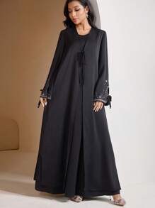 Veilorie Women's Elegant Black Slit Tie Rope Long Sleeves Arabian Burkha Abaya, Concert Women Old Money Spring Break Modest Robe Abaya - Black - View 3