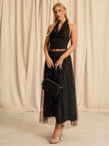 Glamine Falda con sobreposición de malla de talle alto