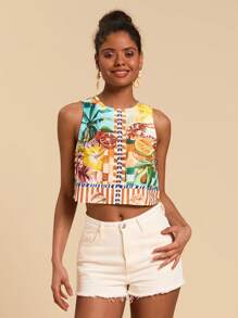 Travachic Canotta corta aderente da donna in misto lino, con stampa di frutti tropicali, senza maniche, stile boho, comoda e alla moda, adatta per vacanze estive - Multicolore - Visualizzare 2
