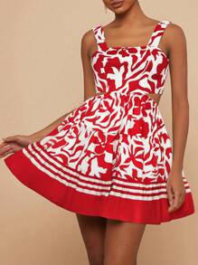 Travachic 女士编织印花后系带迷你连衣裙 - 紅色 - 查看 1