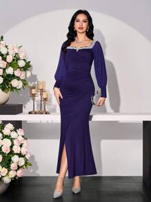 Modelyn Women's Elegant Dress With Lantern Sleeves, Lace Trim & Fishtail Hem - Purple - View 3