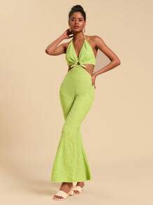 Travachic 春夏波西米亚绿色镂空露腰挂脖串珠修身喇叭连体裤假日风格性感女装