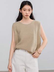 Dazy-Less Solid Simple Casual Sweater Vest Business Casual Woman Work Clothes - Khaki - View 4