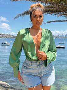 SHEIN SXY Beach;Women's Plunging Neck Glossy Grey-Green Blouse, Suitable For Summer Outing And Dating