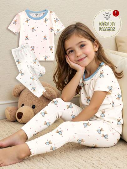 SHEIN 1358235 Conjunto de Roupa Casual e Simples com Estampa Fofa de Urso, Laço, Decote Redondo, Manga Curta, Calça Justa e Confortável, Adequado para Todas as Estações, Ajuste Justo