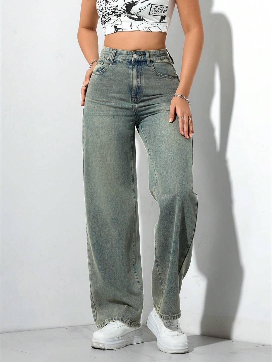女士口袋阔腿宽松休闲百搭牛仔裤