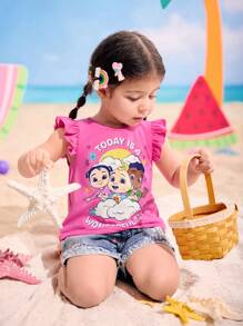 CoComelon X SHEIN Baby Girl Cartoon Graphic Cloud Print Cap Sleeve Round Neck Pink T-Shirt - Hot Pink - View 1
