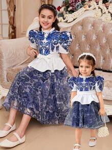 SHEIN 2pcs Baby Girl Elegant & Ruffled Peter Pan Collar Puff Sleeve Waisted Shirt And Skirt Set - Blue - View 1