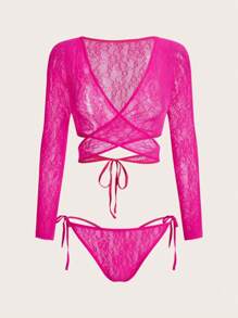 2pcs Set Lace-Up Semi-Sheer High Elasticity Bralette & Panties Set, Plus Size, Suitable For Parties, Night Clubs For Going Out - Hot Pink - View 1