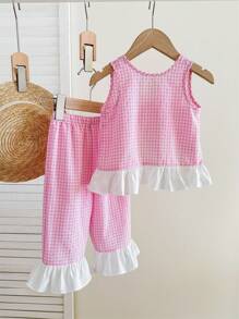 SHEIN LMoss Kids Baby Girl Summer Cute Pink Plaid Color Matching Ruffled Top Elastic Waist Trousers Suit - Pink - View 2