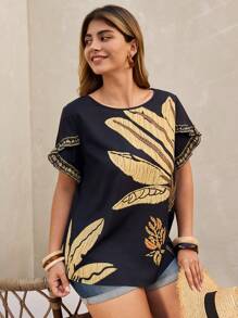 SHEIN LUNE Plus Size Floral Print Shirt With Cross Sleeves - Black - View 4