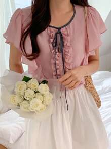 DAZY Nouvelle blouse d'été élégante à nouer, style polyvalent pour femmes, manches courtes, Top à volants mignon - Rose bonbon - Voir 3
