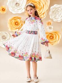 SHEIN Leap Crew 少女花卉印花灯笼袖上衣和裙子 - 彩色 - 查看 4