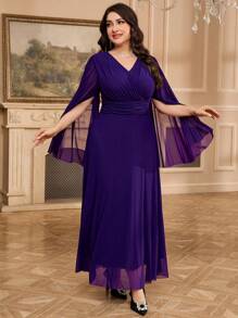 Modelyn Vestido largo y simple de manga larga con parches de malla en unicolor para tallas grandes - Morado - Ver 4