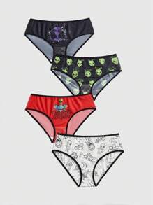 ROMWE Kawaii 4pcs/Set Funny Alien Colorblock Print Briefs - Multicolor - View 1