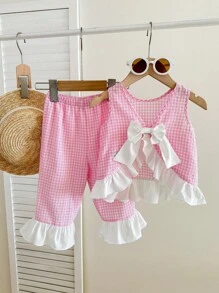 SHEIN LMoss Kids Baby Girl Summer Cute Pink Plaid Color Matching Ruffled Top Elastic Waist Trousers Suit - Pink - View 1