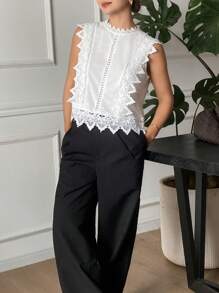 SHEIN Frenchy Guipure Lace Paneled Lock Hole Sleeveless White T Shirt Everyday Wear  Summer Outfits For Women  Summer Tops  Tube Top  Going Out Tops Women