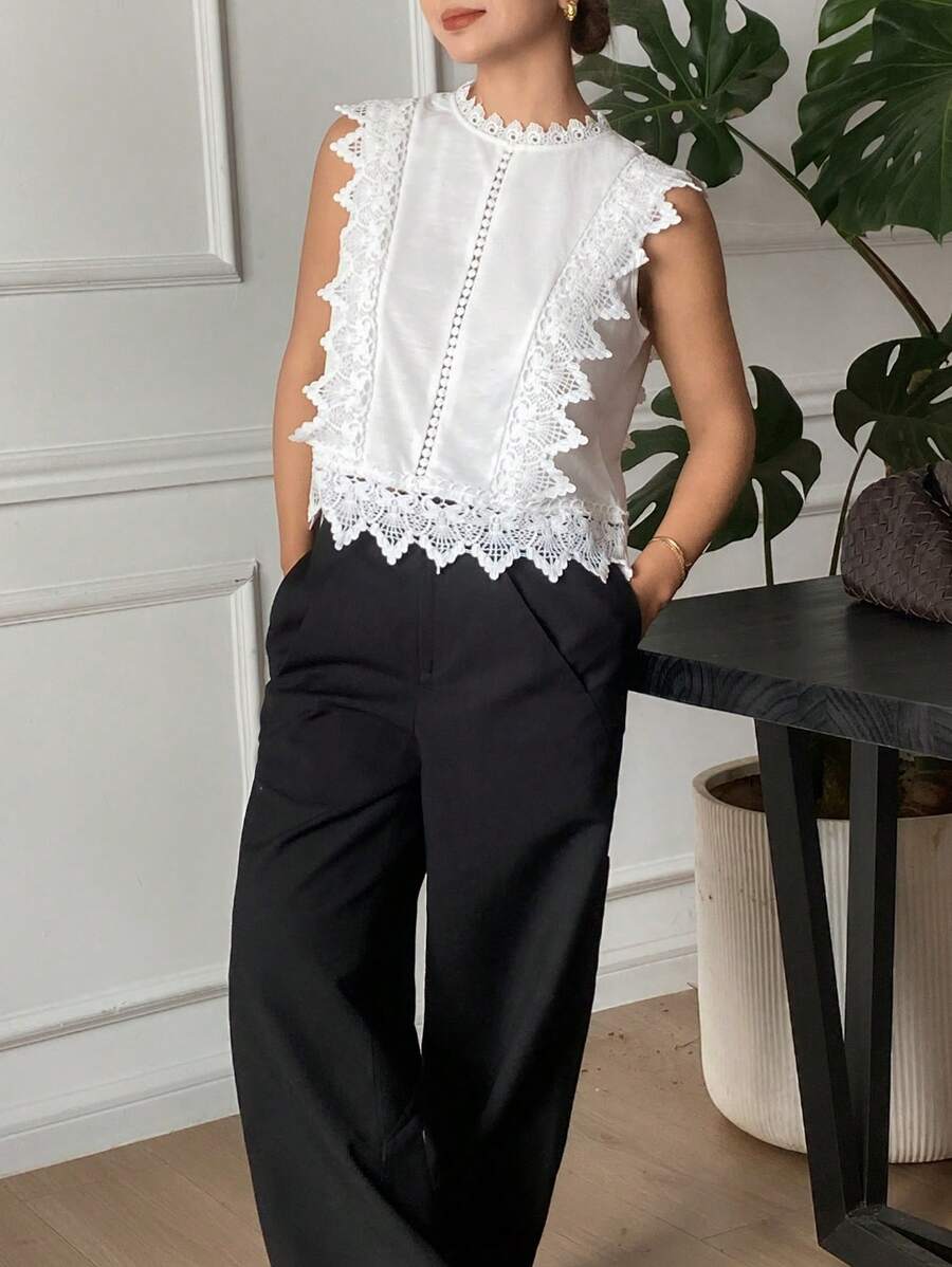 SHEIN Frenchy Guipure Lace Paneled Lock Hole Sleeveless White T Shirt Everyday Wear  Summer Outfits For Women  Summer Tops  Tube Top  Going Out Tops Women