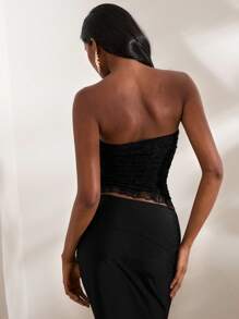 Opulessa Summer Sexy Ruched Lace Tube Top,Summer Beach Outfits, Elegant Top Party, Luxury Evening Outfits For Weddings, Sexy Club Outfits - Black - View 2