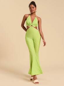 Travachic 春夏波西米亚绿色镂空露腰挂脖串珠修身喇叭连体裤假日风格性感女装