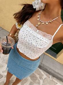 Chiquease Women's Romantic Ditsy Floral Contrast Lace Camisole