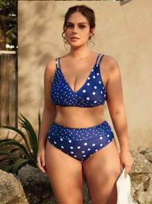 SHEIN Swim Curve 大码女式 V 领波尔卡圆点印花休闲度假泳装比基尼套装，夏季海滩 - 藏蓝色 - 查看 3