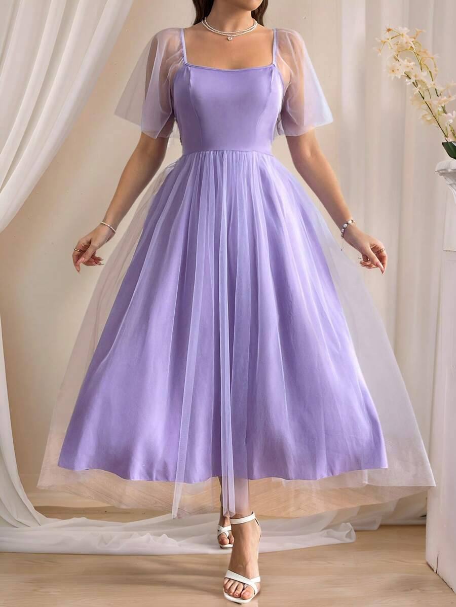 Flirla Plus Size Solid Color Floral Layered Hem Camisole Dress - Mauve Purple - View 1