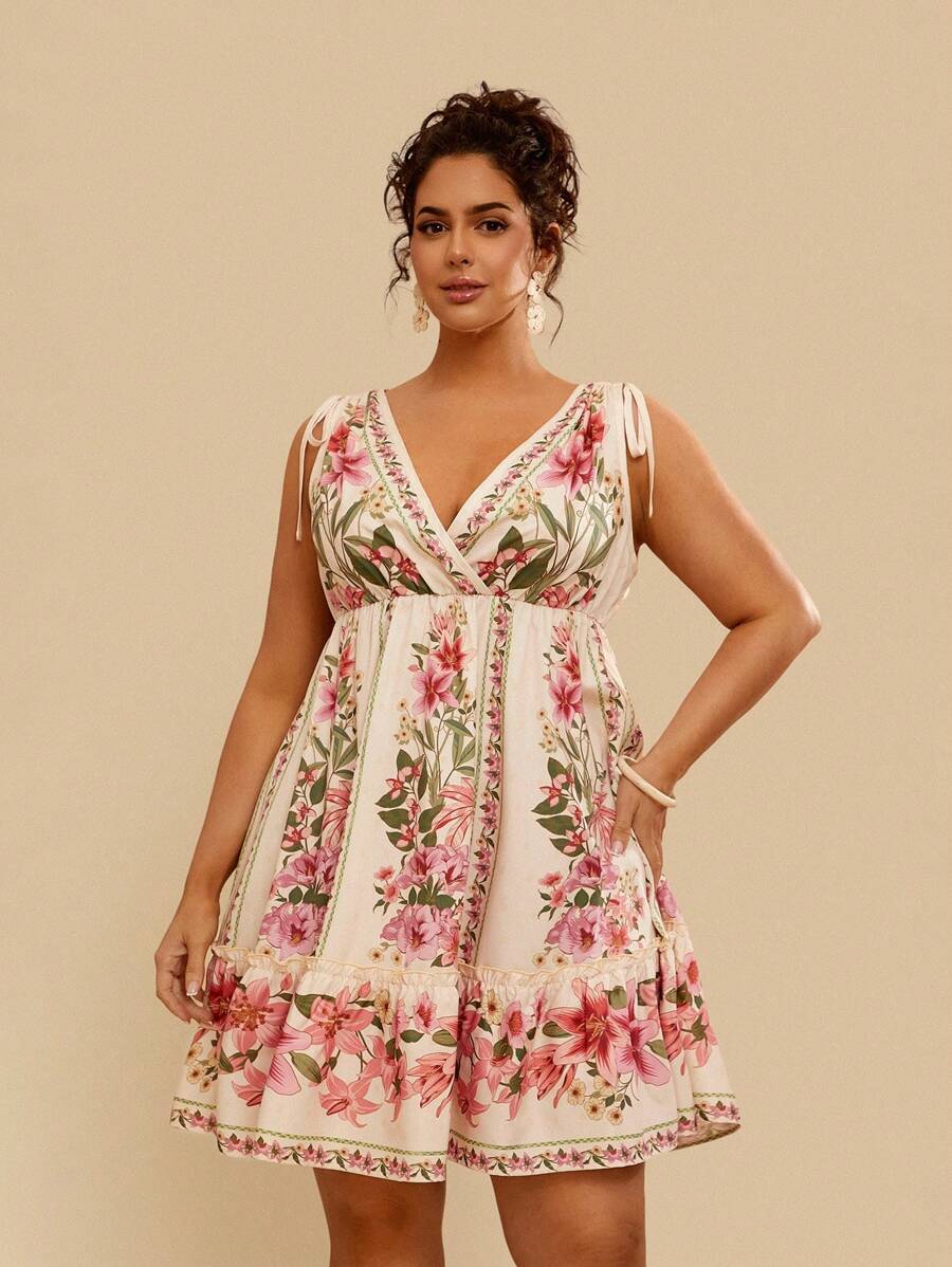 Travachic Plus Size Holiday Casual Boho Summer Beach Flower Print Shoulder Strap Waist Ladies Short Dress For Spring - Multicolor - View 1