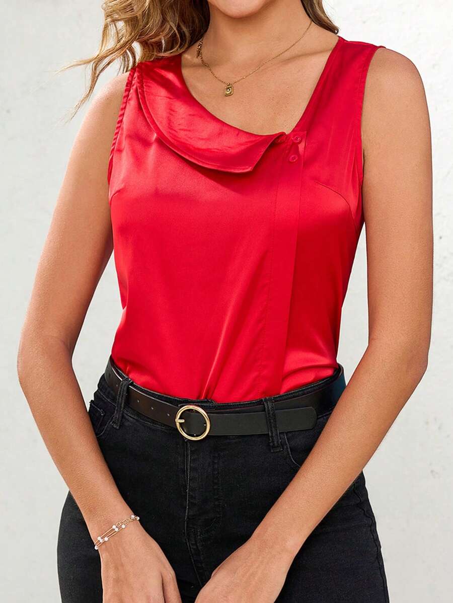 SHEIN Clasi Women's Elegant Red Satin Crew Neck Sleeveless Shirt Blouse - Red - View 1