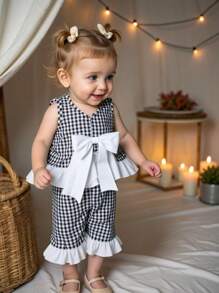 SHEIN Vintaside Kids 女宝宝夏季套装 - 格子荷叶边上衣 + 裤子 - 黑色 - 查看 3