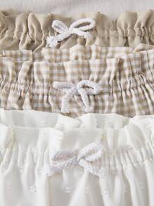 Vintaside Kids 3pcs Baby Girl Holiday Christmas Casual White Apricot Plaid Multi-Colored Three Pieces Shorts In Woven Fabric. Suitable For Summer, Waist And Trouser Leg Ruffled Decoration And Rope Design, Fashion Sweet And Playful Elements, Loose Version, Suitable For Daily Wear, Home Leisure, Shopping And So On
