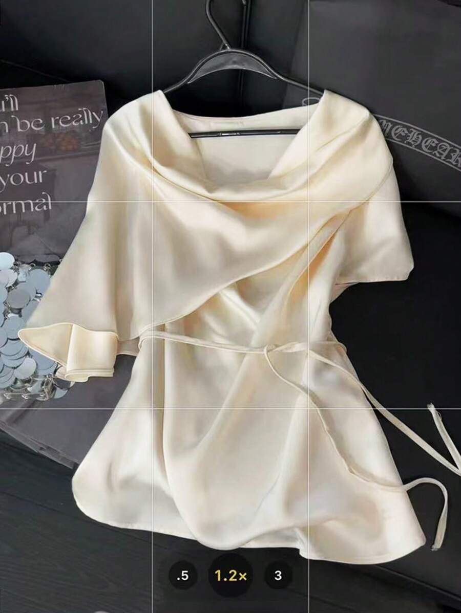 SHEIN Unity 女士优雅简约纯色不对称衬衫 - 杏色 - 查看 1