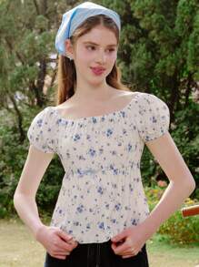Wildeya Elegant Ditsy Floral Crew Neck Fitted Short Sleeve T-Shirt For Teen Girls, Casual All-Match Versatile, Suitable For And School, Suitable For Spring And Summer, Girls Exquisite Clothing, Princess Style, And Cute, No Traditional Patterns, Mainly Floral/Partial Decoration
