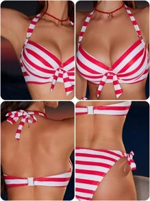 Swim DD+ Red And White Striped Push-Up Halter Bikini Set, Two Pieces Swimwear For Summer Beach