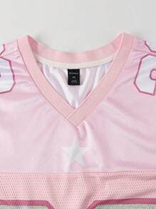 ROMWE MEN Prep Men Jersey Number Letter Satin Graphic V-Neck Tee, 2000s Style - Pink - View 4