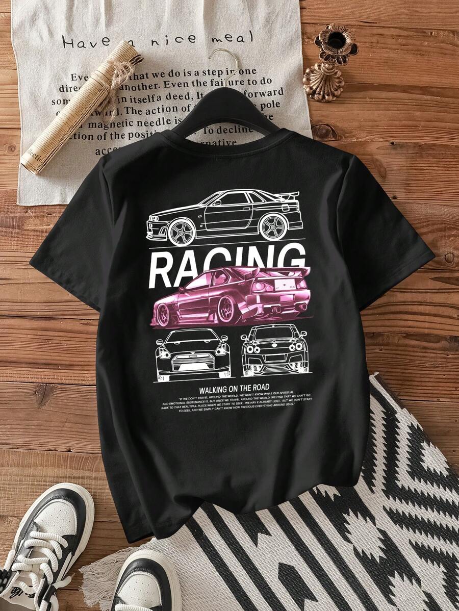 Attitoon Car & Letter Graphic Tee Suitable For Going Out - Black - View 1
