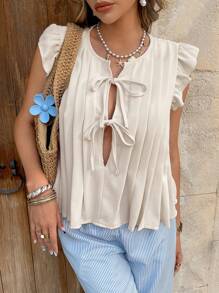SHEIN Frenchy Blusa de mujer de manga corta con pliegues y cordones delanteros, de estilo casual y sencillo, para uso diario en verano - Albaricoque - Ver 5