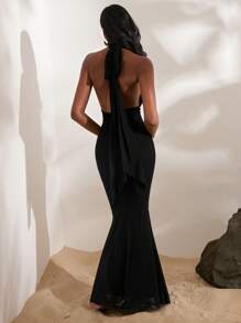 Opulessa Women's Black Color Elegant  Criss Cross Halter Dress, Elegant  Clothes For Women, For Autumn And Winter - Black - View 2