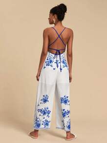 Travachic 春夏复古印花露背阔腿女连体裤 - 藍白色 - 查看 2