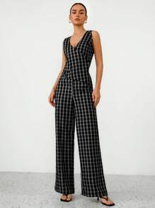 Aveloria Modichic 格纹开领V领假口袋腰部设计背心搭配女士阔腿裤女士两件套 - 彩色 - 查看 1