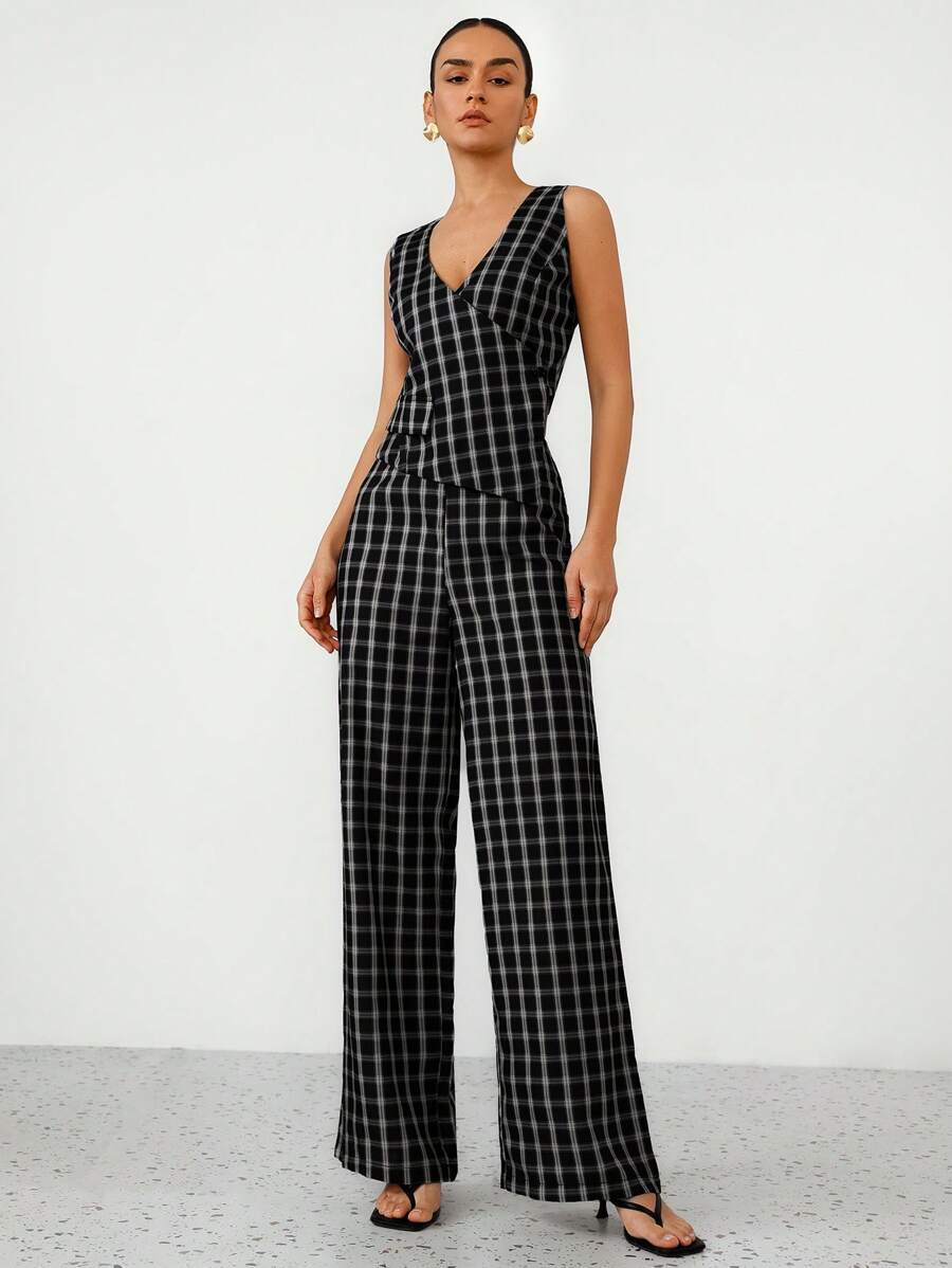 Aveloria Modichic 格纹开领V领假口袋腰部设计背心搭配女士阔腿裤女士两件套 - 彩色 - 查看 1