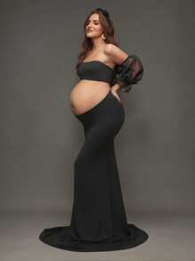SHEIN Solid Color Maternity Mermaid Maxi Dress For Pregnancy Photoshoot - Black - View 5