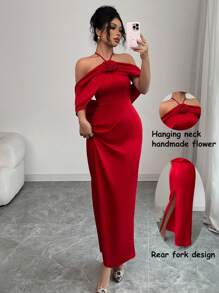 Elenzga Red Valentine's Day Dress With Neck Tie And 3D Floral Design