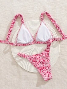 Swim Mod 2pcs Ruffle Ditsy Floral Pattern Sexy Bikini Suit, Women Vacationing/Party Swimwear Halter Top And Bottom Set For Summer