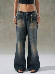 LYSMO Jeans acampanados de mujer con lavado vintage, diseño arrugado, jeans de microflauta denim retro - Caqui - Ver 1