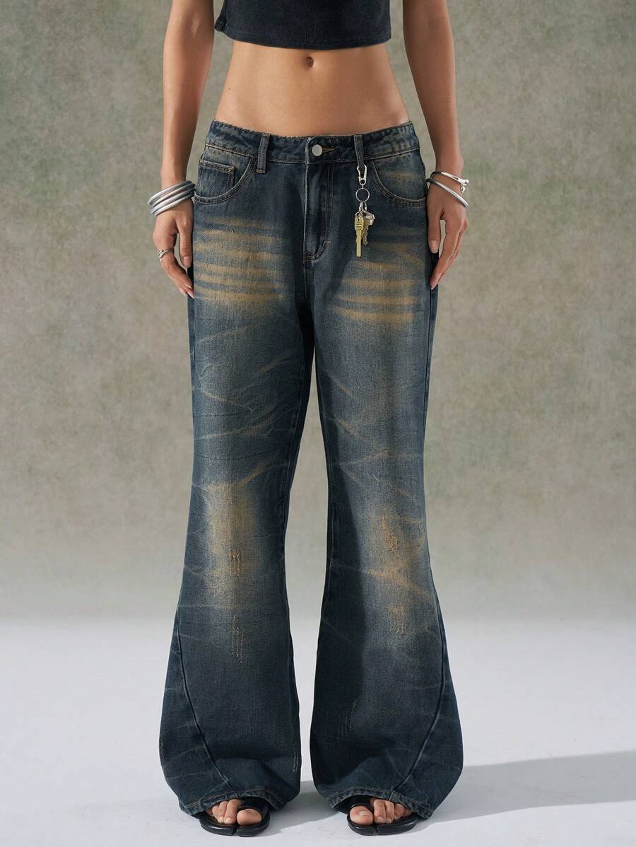 LYSMO Jeans acampanados de mujer con lavado vintage, diseño arrugado, jeans de microflauta denim retro - Caqui - Ver 1