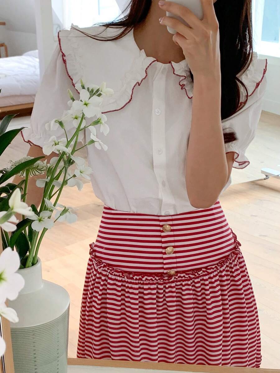 DAZY 女士 2 件荷叶边领短袖衬衫和粉色条纹长裙套装 - 紅色 - 查看 1