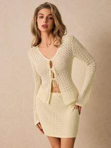 Poéselle Soft Yellow Knit Crochet Skirt Set Two Pieces With Lace Up Flared Sleeve Cardigan And Mini Skirt, Seaside Vacation With Swimwear - Perfect For Stylish Layering, Beach Days And Casual Chic Styles - Yellow - View 4