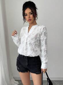 Elenzga Women's Elegant Simple Office Shirt, White Stand Collar Long Sleeve Sheer Hollow Out Details Fall Cloth For Women - White - View 4